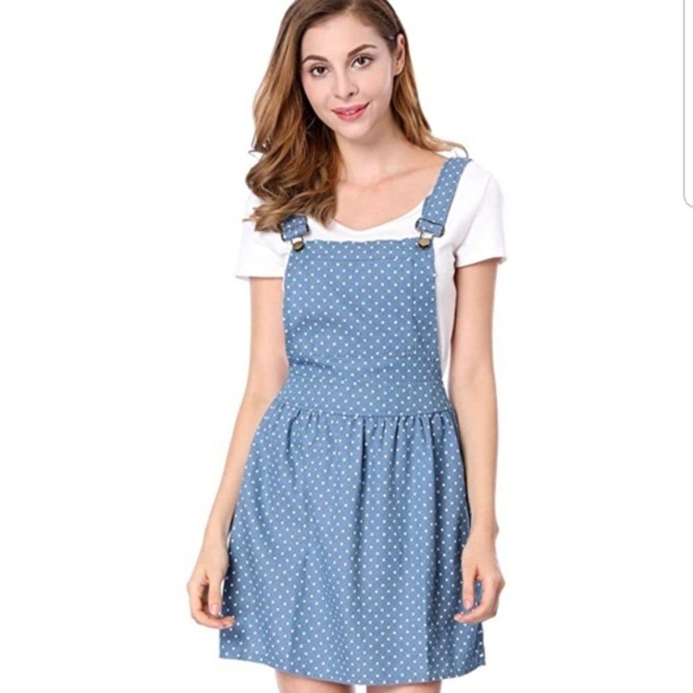 Allegra K Blue Polka Dot Pinafore Overall Dress